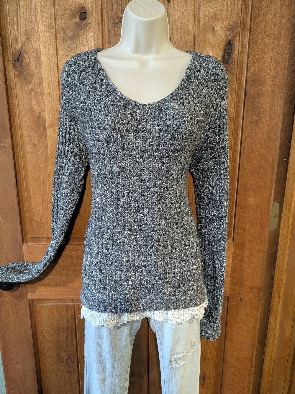 Shyanne Gray & White Marled Scoop Neck Western Coastal Cowgirl Sweater